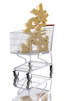 A photo of currency symbols in a shopping cart on a white background.