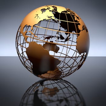A metal globe on a reflective studio background. Includes clipping path.
