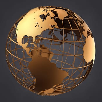 Photo of a gold globe on a dark grey background.