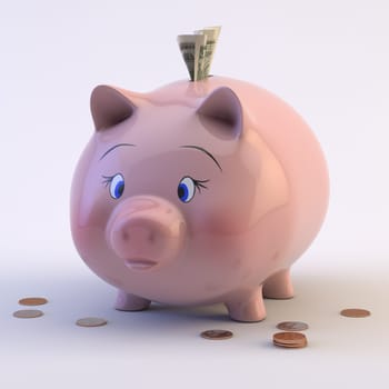 Photo of a piggy bank with US coins & bills on a white backdrop.