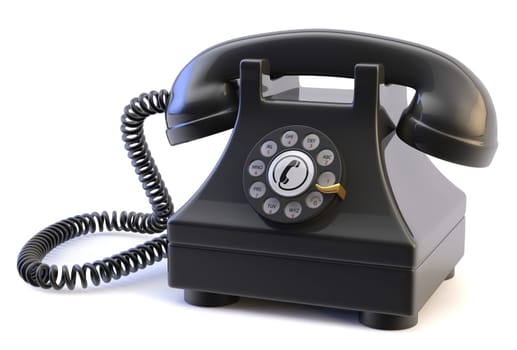 Photo of a retro rotary phone isolated on a white background.