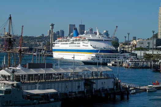big passanger anchoring in Darling Harbour in Sydney