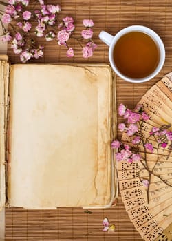 Old blank book with green tea