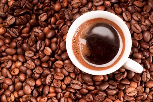 White coffee cup on coffee beans