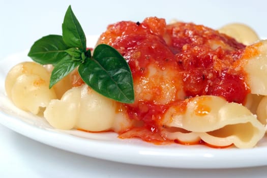 Pasta with tomato sauce and basil.