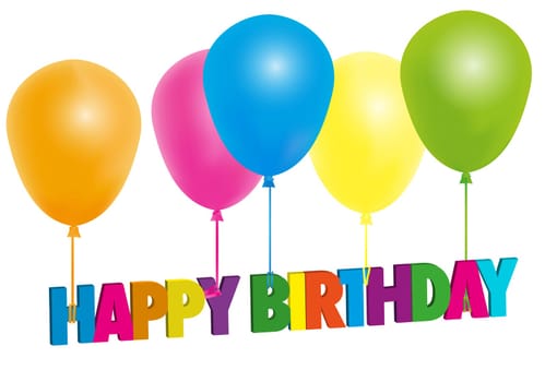 Happy Birthday Card- Color Balloons With Sign - Isolated on White
