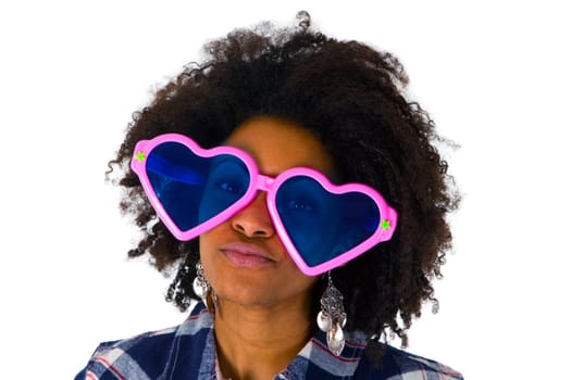Young african american woman with funny sunglasses - isolated on white background