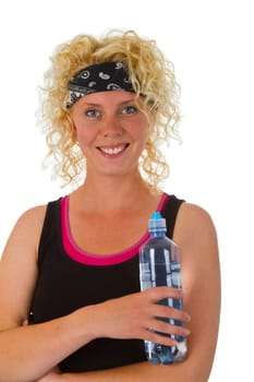 Sporty woman with bottle of water isolated on white background