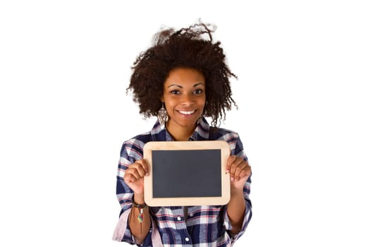 Young attractive woman holding a blackboard isolated on white background
