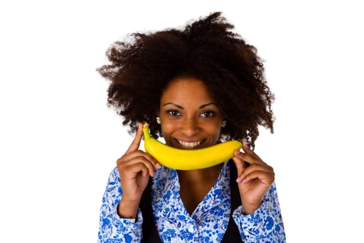 Young african american woman with banana - isolated on white background