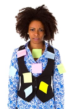 Young african american woman with post-it note - isolated on white background