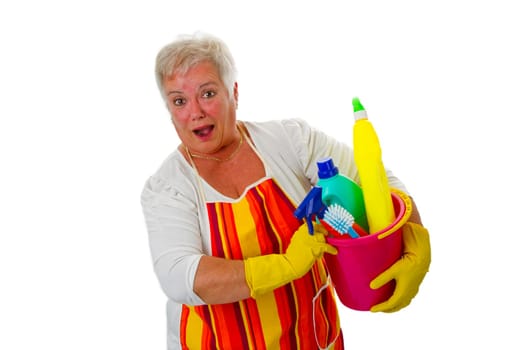 Senior woman with cleaning supplies - exposed on white background