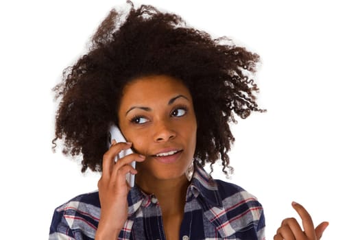 Young african american woman using smartphone - clipped on white background