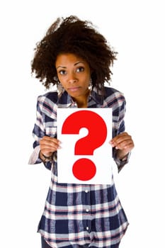 Young African American woman holding up question mark - isolated on white background