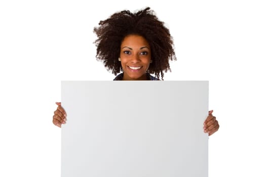 Attractive African American woman with blank billboard - isolated on white background