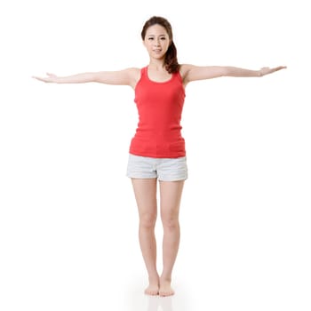 Yoga Asian sport girl, full length portrait isolated on white background.