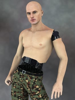 3d rendering of a man with some robot parts. Maybe a futuristic soldier where damaged parts has been changed to robot parts.