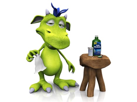 A cute cartoon monster feeling ill and having a cold. His medicine is on a stool beside him. White background.