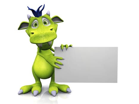 A cute friendly cartoon monster holding a blank sign in his hands. The monster is green with blue hair. White background.