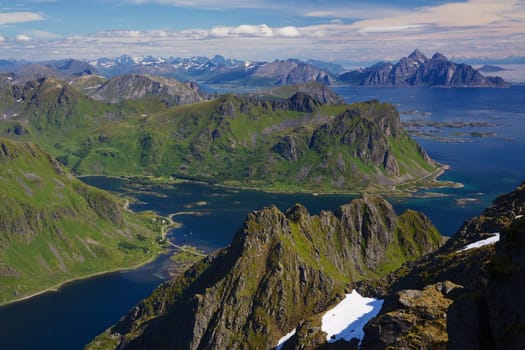 Scenic aerial view of sharp mountain peaks and deep fjords on Lofoten islands in Norway