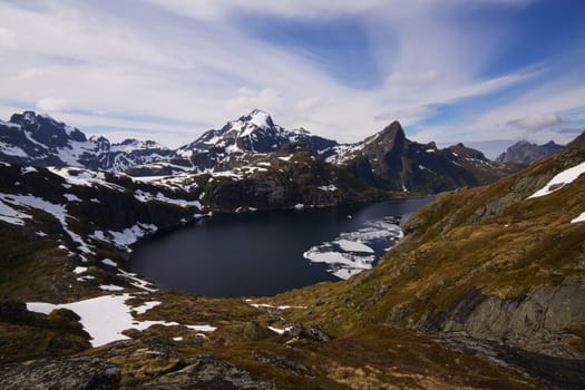 Scenic panorama with frozen fjord and mountain peaks in Norway