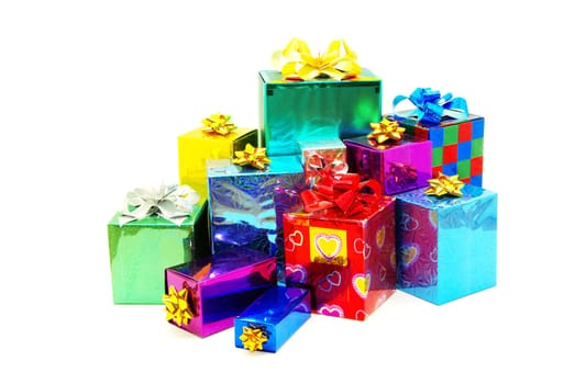 Christmas box gifts with satin bow isolated on white background