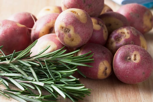 Apache potatoes raw on cutting board with rosemary