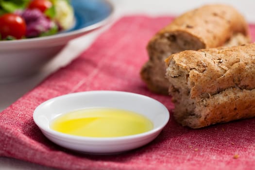 Fresh whole wheat bread and olive oil for dipping.