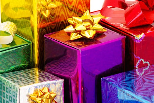 Christmas box gifts with satin bow isolated on white background