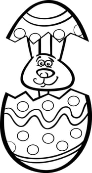 Black and White Cartoon Illustration of Funny Easter Bunny in Colored Eggshell of Easter Egg for Coloring Book