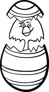 Black and White Cartoon Illustration of Funny Little Chicken or Chick in Colorful Eggshell of Easter Egg for Coloring Book
