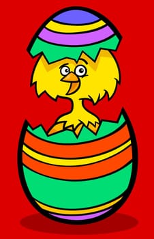 Cartoon Illustration of Funny Little Yellow Chicken or Chick in Colorful Eggshell of Easter Egg