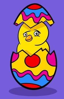 Cartoon Illustration of Funny Little Yellow Chicken or Chick in Colored Eggshell of Easter Egg