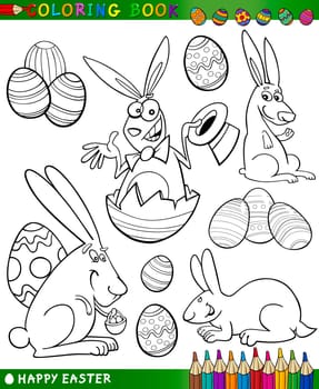 Easter Themes Collection Set of Black and White Cartoon Illustrations for Coloring Book
