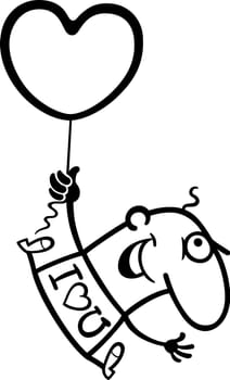 Black and White Cartoon Illustration of Funny Man flying with Valentine Heart Shape Balloon for Valentines Day
