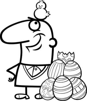 Black and White Cartoon Illustration of Happy Man with Easter Chicken or Chick Hatched from Colored Egg