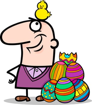 Cartoon Illustration of Happy Man with Easter Chicken or Chick Hatched from Colored Egg