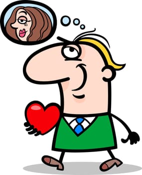 Cartoon Illustration of Funny Man Walking with his Valentine and thinking about Women he love for Valentines Day
