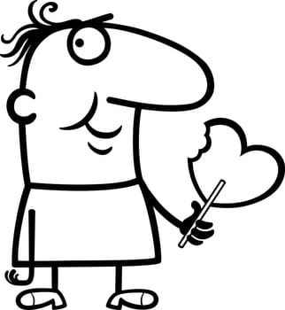 Black and White Cartoon Illustration of Funny Man with Valentine Heart Shape Lollipop for Valentines Day