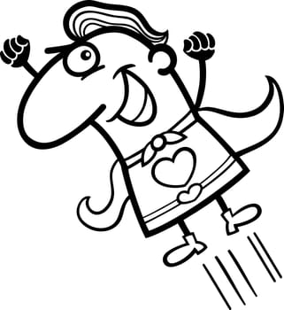 Black and White Cartoon Illustration of Funny Flying Man in Superhero Costume with Heart Sign for Valentines Day