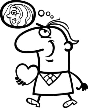 Black and White Cartoon Illustration of Funny Man Walking with his Valentine and thinking about Women he love for Valentines Day