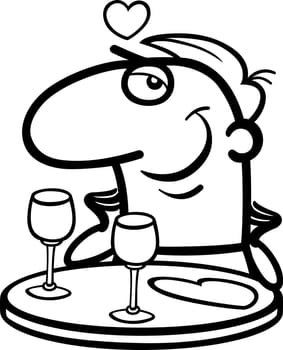 Black and White Cartoon Illustration of Funny Man Waiting in Restaurant for his Valentine on Valentines Day