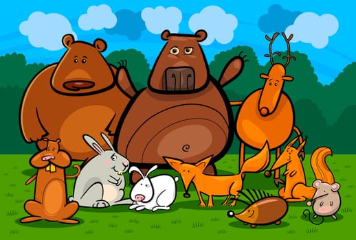 Cartoon Illustration of Funny Forest Wild Animals like Bears, Hedgehog, Deer, Hare and Fox against Forest, Meadow and Blue Sky