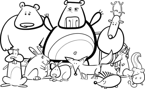 Black and White Cartoon Illustration of Funny Forest Wild Animals like Bears, Hedgehog, Deer, Hare and Fox for Coloring Book