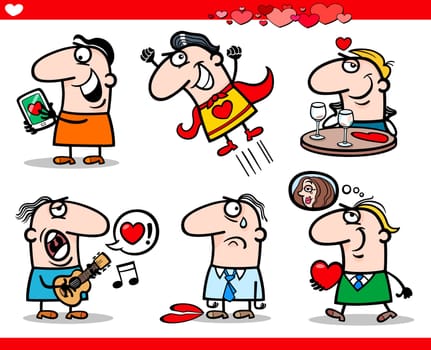 Cartoon Illustration of Happy Men Valentines Day or Love Themes with Heart, Valentine Cards