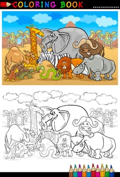 Cartoon Illustration of Funny Safari Wild Animals like Elephant, Rhino, Lion, Zebra, Giraffe and Monkey for Coloring Book or Coloring Page