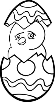 Black and White Cartoon Illustration of Funny Little Chicken or Chick in Colorful Eggshell of Easter Egg for Coloring Book