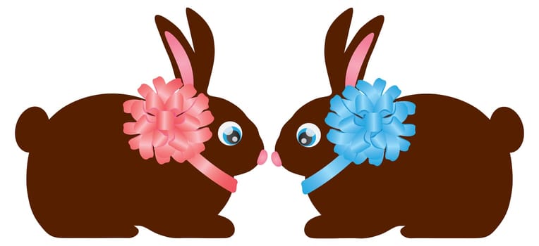 Happy Easter Day Chocolate Bunny Rabbit Pair with Bow Isolated on White Background Illustration