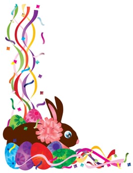 Happy Easter Day Bunny Rabbit and Colorful Eggs in Confetti Border Illustration on White Background