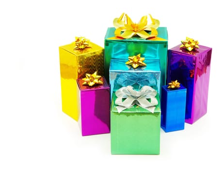 Christmas box gifts with satin bow isolated on white background